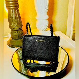 Coach Black Textured Leather ID Card Holder & Coin Wallet EUC